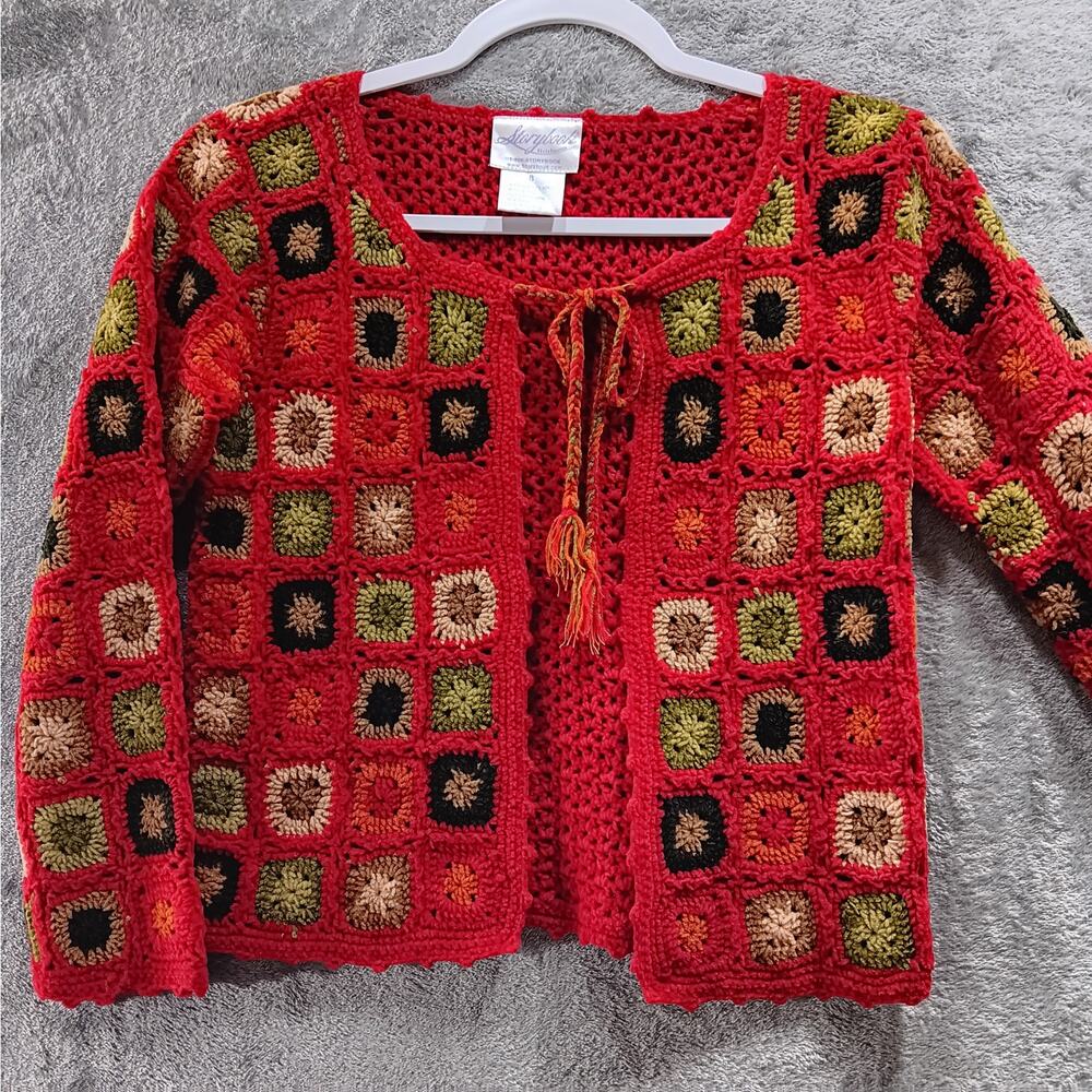 Storybook Heirlooms Granny Square Tie Front Cardigan Girl's Size 8 Red retro